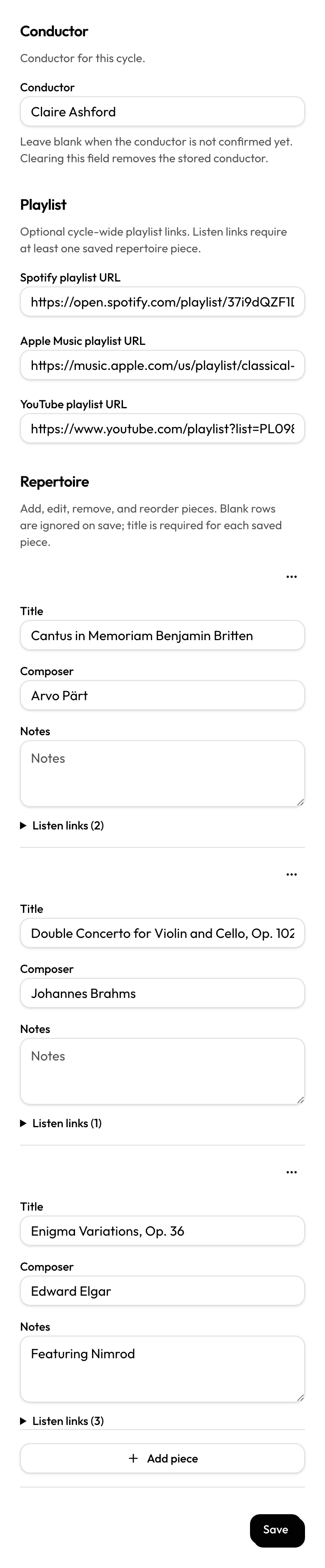 Edit program form with playlist URL fields