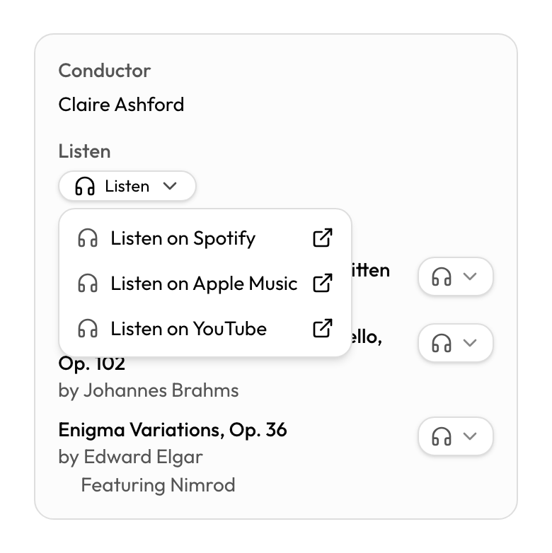 Concert cycle Program tab with Listen menu open