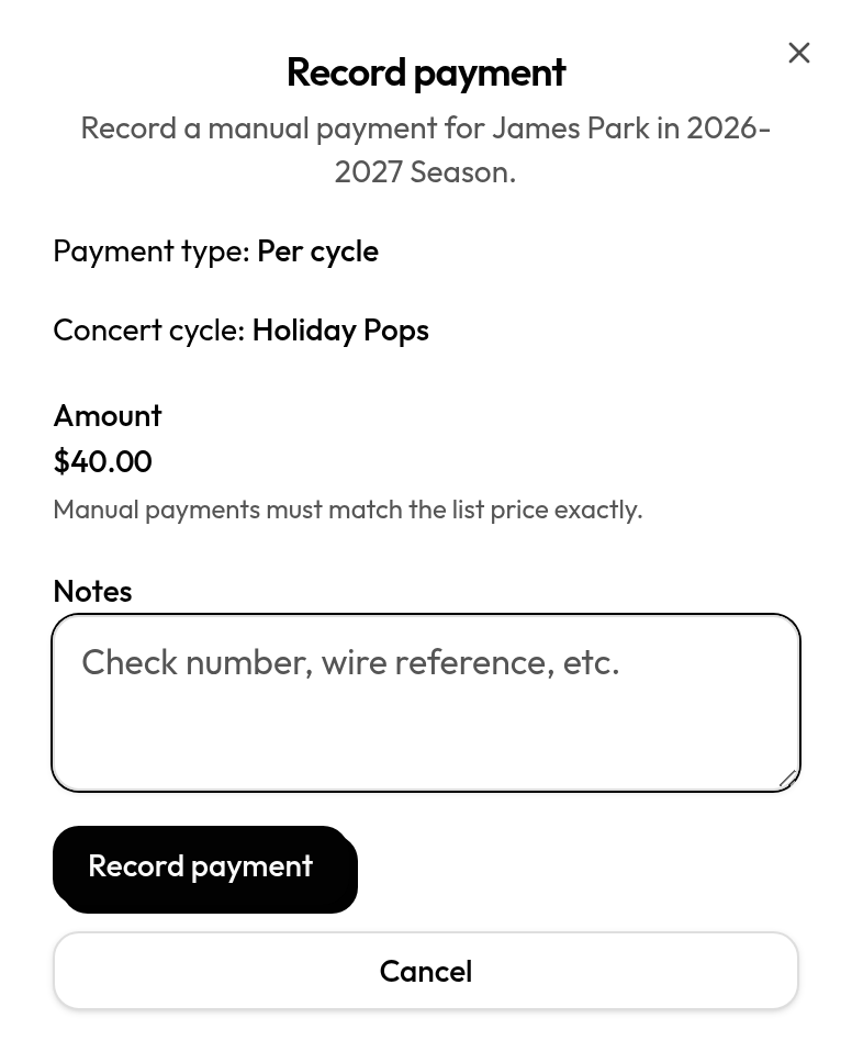Record manual payment dialog