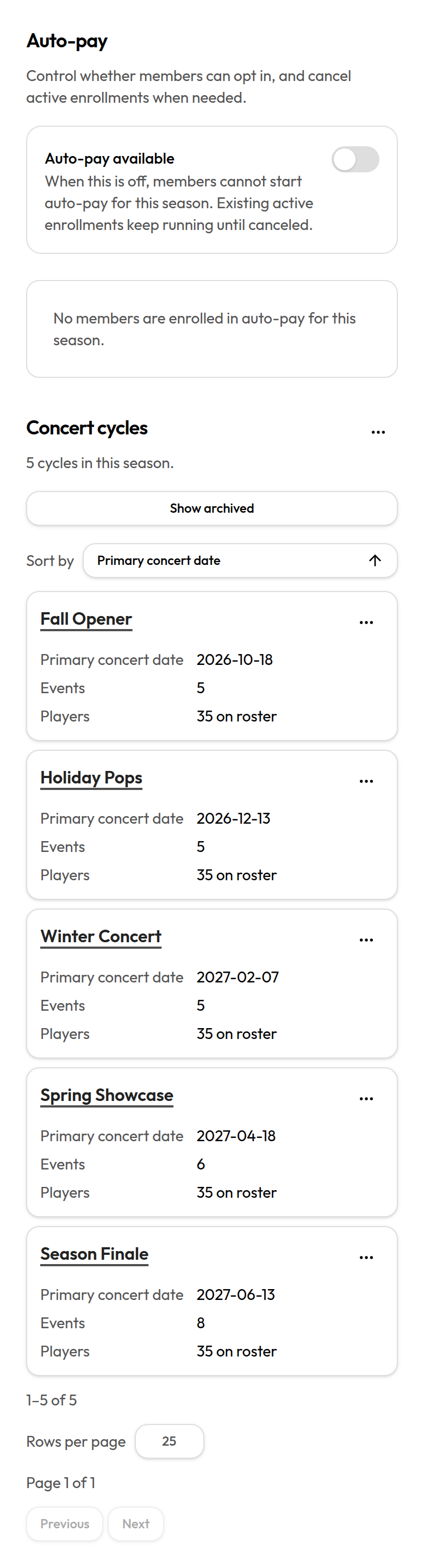 Season detail with auto-pay and concert cycles
