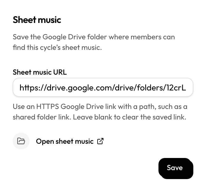 Sheet music editor with Google Drive URL field and Save button
