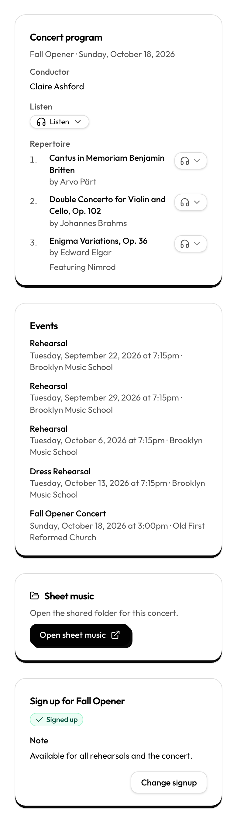 Concert cycle signup saved summary with Change signup