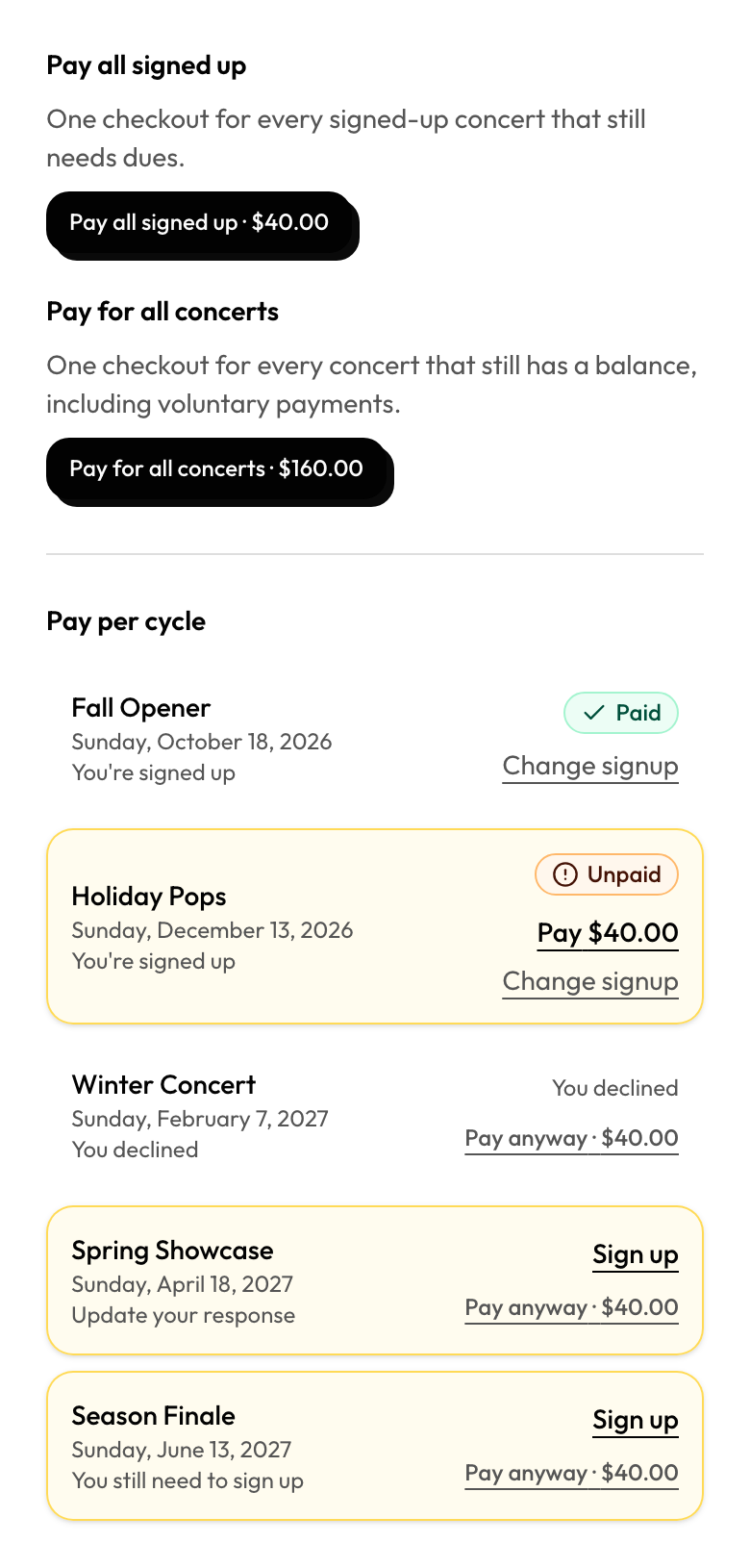 Season dues with Pay whole season, Pay per cycle status lines, Sign up and Pay controls, and dues-owed highlight