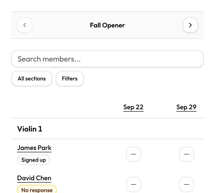 Enter attendance cycle grid with members in rows and events in columns