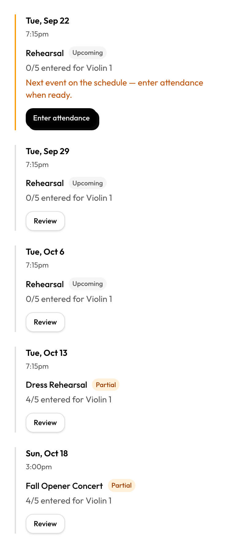 Enter attendance date-led agenda with next action highlighted