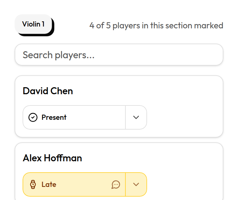 Section attendance sheet with status controls